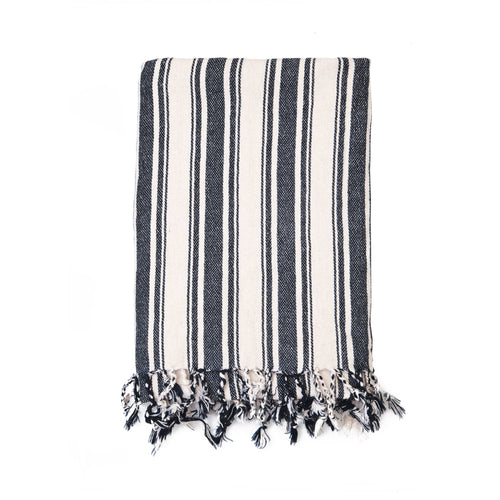 Buldano - Cotton Linen Blend Striped Turkish Towel Blanket Black